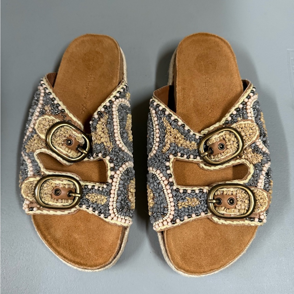 House of Harlow 1960 Tan and Gray Buckle Sandals